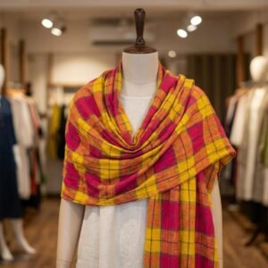 Eri silk stole Yellow with red check